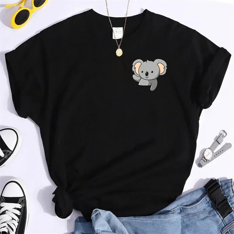 Funny Koala Print Women T-shrit 2025 Summer Short Sleeve T Shirt Female Cute Kawaii Unisex Tee Loose Round Neck Y2k Clothes Top