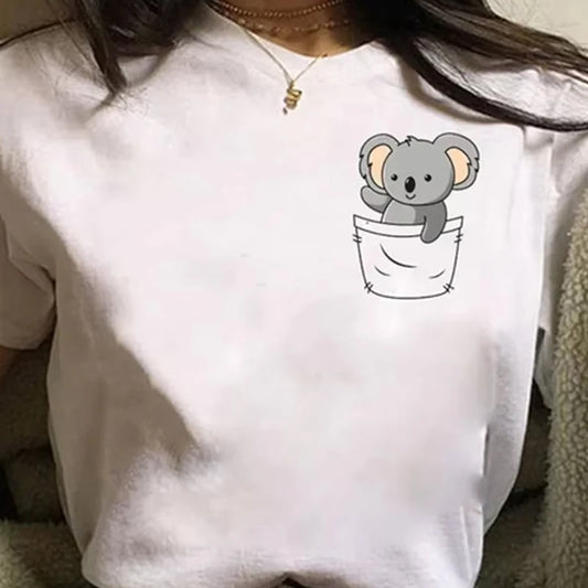 Funny Koala Print Women T-shrit 2025 Summer Short Sleeve T Shirt Female Cute Kawaii Unisex Tee Loose Round Neck Y2k Clothes Top