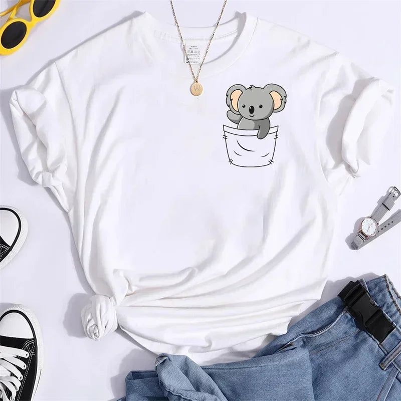 Funny Koala Print Women T-shrit 2025 Summer Short Sleeve T Shirt Female Cute Kawaii Unisex Tee Loose Round Neck Y2k Clothes Top