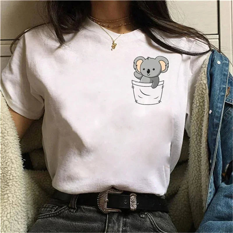 Funny Koala Print Women T-shrit 2025 Summer Short Sleeve T Shirt Female Cute Kawaii Unisex Tee Loose Round Neck Y2k Clothes Top